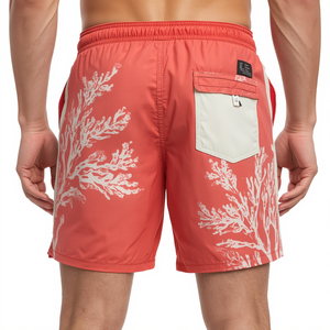 Shorts de bain de luxe pour hommes Coral Horizon avec graphismes numériques artistiques de qualité supérieure, légers, séchage rapide, pour la plage en été - Product Image 3