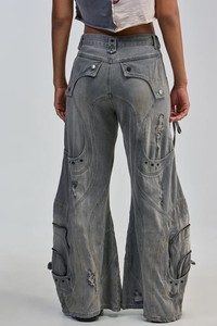 Pantalon cargo en jean déchiré taille haute pour femme, coupe ample, asymétrique, à lacets, style streetwear, longueur intégrale, gris, coton écologique - Product Image 4
