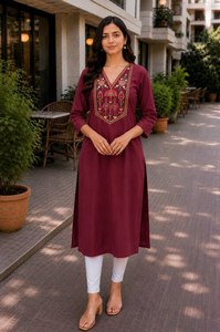 Kurtis de Algodón Color Verde Azulado para Mujer, con Cuello en V Bordado, Corte Holgado, Largo Midi, Estilo Tradicional Indio-Pakistaní, Ropa Casual - Product Image 3
