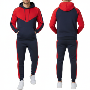 Ensemble de survêtement homme bleu marine et rouge très demandé - Sweat à capuche Chevron V-Shape color block avec pantalon de haute qualité - Product Image 4