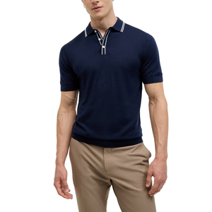 Polo en coton bleu marine à manches courtes, coupe classique, couleur unie, tricoté, style décontracté chic, respirant - Product Image 2