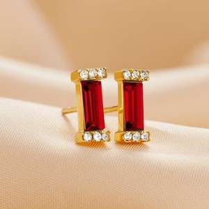 Pendientes de botón de granate con corte baguette, plata de ley 925, chapados en oro de 14K, piedra de nacimiento de enero, color rojo burdeos, para mujer - Product Image 3