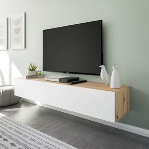 <span class=keywords><strong>Meuble</strong></span> <span class=keywords><strong>TV</strong></span> mural minimaliste moderne en bois avec 2 rabats et 2 compartiments de rangement pour salon - Product Image 1