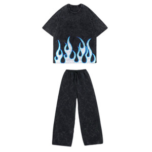 240GSM Heavy Cotton T <b>Shirt</b> Pants Black <b>Flame</b> Screen Print Oversized Streetwear Loungewear 2 Pieces Sets men's - Product Image 1