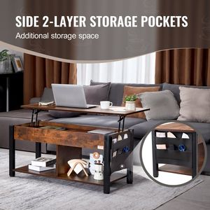 Tavolino da Caffè Rettangolare con Piano Sollevabile da 41,7 Pollici, con Tasche Extra Portaoggetti, Colore Marrone Pop, per Soggiorno - Product Image 4