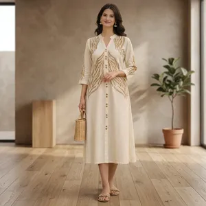 Vestido Midi Boho Bordado con Cuello en V para Mujer, Manga Tres Cuartos, Holgado, de Lino y Algodón, Verano, Casual, Tejido Transpirable, Dobladillo Recto - Product Image 1