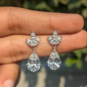 Pear Cut Diamond Drop Earrings in White Gold with Marquise Accent, Elegant Dangle Bridal Earrings, Luxury Fine Jewelry for Women - Product Image 1