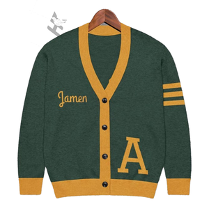 Cardigan en tricot brodé vert, numéro 24 jaune, col en V uni, manches longues, pull décontracté pour femme, toutes saisons, boutonné - Product Image 2