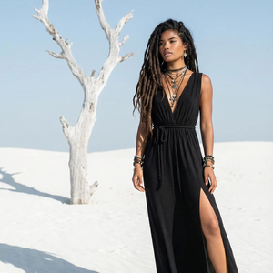 Wholesale Women’s Black Maxi <b>Dress</b> Deep V Neck Sleeveless High Slit <b>Boho</b> Long <b>Dress</b> <b>Summer</b> Beachwear Clothing - Product Image 1