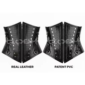 Corsé de cuero negro con estampado de cocodrilo, con varillas de acero, estilo gótico, para debajo del busto, con herrajes plateados. - Product Image 5