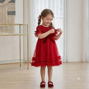 Robe en dentelle rouge pour filles, robe de princesse en dentelle avec nœud, longueur genou, pour fête, mariage, anniversaire, de la nouvelle collection Chaiko House - Product Image 4
