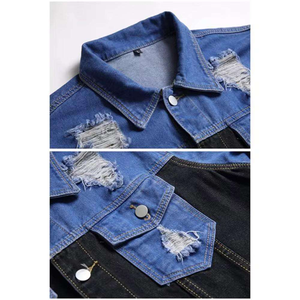 เสื้อแจ็คเก็ตยีนส์สีน้ำเงินสำหรับผู้ชาย คอตั้ง แต่งสีตัดกัน ขาดๆ แบบลำลอง ติดกระดุมแถวเดียว สวมใส่ในฤดูใบไม้ร่วง - Product Image 4