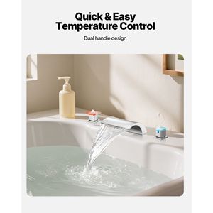 Robinet de baignoire romain en argent, design cascade à 3 trous, contrôle de la température, robinet de baignoire à 2 poignées à montage sur pont pour le bain des adultes - Product Image 6