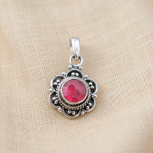 925 Sterling Silver Natural Pink <b>Ruby</b> Round Pendant <b>Necklace</b> Handmade Vintage Floral Jewelry 18K Rose Gold & Yellow Gold Plated - Product Image 2