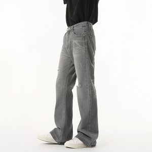 Nouveau style Jean large pour homme, délavé et déchiré, taille mi-haute, coupe évasée tendance, avec logo personnalisé - Product Image 4