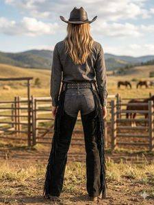 Fazmax Corporation - Chaps Vaqueros de Cuero Genuino para Mujer, Corte Medio, Ajuste Relajado, Transpirables, con Flecos y Cierre de Hebilla, para Motociclistas - Product Image 5