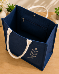 Sac fourre-tout en jute laminé bleu marine 45x18x40 cm avec broderie de feuilles, poignées rembourrées en coton, capacité 32L, poche zippée - Product Image 5