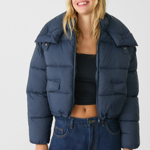 Veste matelassée bleu marine pour femme avec capuche, fermeture éclair sur toute la longueur des manches, longueur courte, manteau d'hiver - Product Image 1