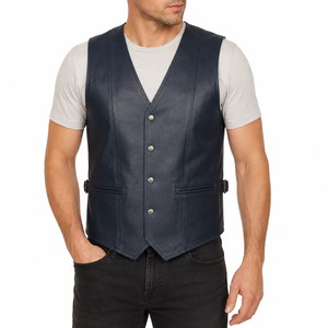 Chaleco sin mangas con cuello en V de cuero genuino para hombre, estilo occidental informal, con cierre de botón, ropa exterior de otoño para hombre - Product Image 1