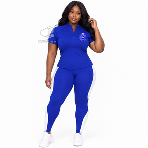 Zeta Phi Beta <b>Women's</b> Workout Set Quarter Zip Top Short Sleeve High Waist <b>Leggings</b> With Contrast <b>White</b> Stripe Sports Activewear - Product Image 6