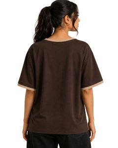 Chocolate Brown Women Oversized T Shirt Casual Crew Neck Short Sleeve Contrast Trim Loose Fit Soft Breathable Summer <b>Top</b> - Product Image 2