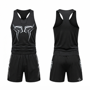 Ensemble débardeur et short de sport pour homme, noir, imprimé géométrique, col en V, sans manches, séchage rapide, pour l'été et l'entraînement - Product Image 1