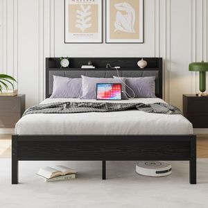 Letto matrimoniale imbottito con testiera contenitore e stazione di ricarica, nessuna rete a molle necessaria, facile da montare - Product Image 2
