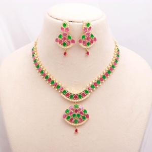 Emerald Green Ruby Pearl Necklace Set 22K Gold Plated Brass Wedding Jewelry For Women Anniversary Gift - Product Image 2