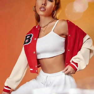 Wholesale Custom Logo Printed Cotton Women's Slim Fit Crop Varsity Jackets Reversible Autumn/Winter Casual Fleece Lining - Product Image 3