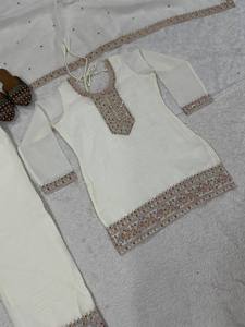 Women's Ivory Embroidered Modern Pakistani Summer/Winter Ethnic Party Wear Salwar Kameez Set with Organza Dupatta - Product Image 5