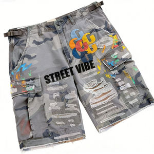 กางเกงยีนส์ขาสั้นย้อมสีแบบ Acid Wash แต่งผ้าปะติดสไตล์วินเทจ ขอบดิบ ขาดๆ แบบสตรีทแวร์ ย้อนยุค สำหรับฤดูร้อน รับทำโลโก้ตามสั่ง OEM - Product Image 5