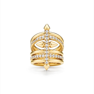 Yellow <b>Gold</b> Diamond <b>Cocktail</b> <b>Ring</b> Arrow Shape Luxury Unisex Jewelry - Product Image 1