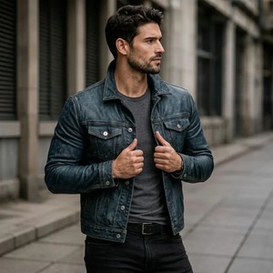 Men's Distressed Blue <b>Leather</b> Trucker <b>Jacket</b>, <b>Retro</b> Biker Outerwear - Product Image 2