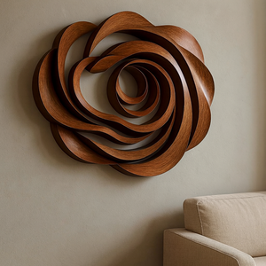 Sculpture murale en bois artisanale pour le salon, art mural en bois organique avec fluidité sculpturale - Product Image 4