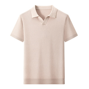 Men's Summer Breathable 100% Cotton <b>Waffle</b> Knitwear Vintage Johnny Collar Short Sleeve Color <b>Blocked</b> for Shirt Slim Fit - Product Image 1