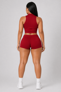 Women <b>Red</b> Sport Set Sleeveless <b>Crop</b> <b>Top</b> Shorts Custom Activewear Two Piece Gym Outfit OEM Supplier - Product Image 3