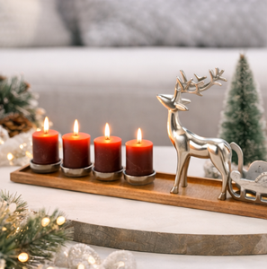 Porte-bougie de luxe en aluminium argenté en forme de renne avec traîneau sur plateau en bois de mangue à 4 emplacements, décoration festive pour centre de table de l'Avent - Product Image 6