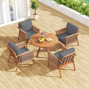 Sedia in Legno di Acacia Grigia Stile Boho con Braccioli in Corda Intrecciata, Sedia Imbottita da Esterno per Portico e Balcone - Product Image 4