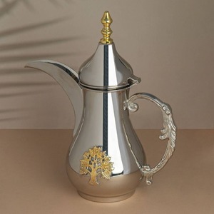 Silver Oriental Jug With Gold Embossed Design And Lid For <b>Coffee</b> Tea Serving - Product Image 2