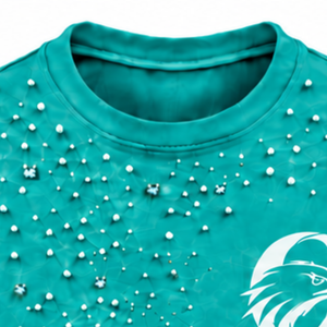 Unisex Teal Blue Pearl Decorated T <b>Shirt</b> Fashionable Round Neck Short Sleeve Pearl <b>Studded</b> Tee for Streetwear and Everyday - Product Image 3