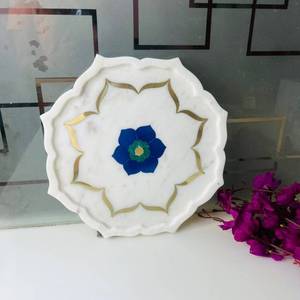 Plateau de service rond en marbre blanc poli à motif floral, fait main, pour la décoration de la maison et les fruits secs - Product Image 1