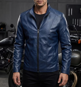 Men's Blue Cow Skin <b>Leather</b> Bomber <b>Jacket</b> Stand Collar Zipper Closure Slim Fit Regular Sleeve Solid Color <b>Winter</b> Wear Breathable - Product Image 4