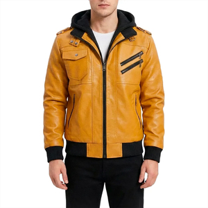 Blouson en cuir personnalisé pour homme, noir, en peau de mouton, à capuche, léger, rembourré, élégant, lisse, décontracté, côtelé - Product Image 1