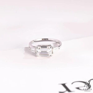 Women <b>Emerald</b> Cut Moissanite Three Stone <b>Ring</b> Lab Grown Diamond Inspired Engagement Wedding <b>Band</b> Gold Plated Rhodium Plated - Product Image 1