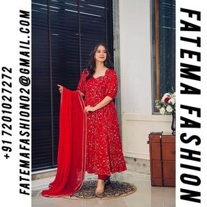 ชุดเดรส Anarkali สีแดงสำหรับผู้หญิงจาก Fatema Fashion ผ้า Faux Georgette ปักลายอย่างดี พร้อมกระโปรงและผ้าคลุมไหล่ สามารถปรับแต่งได้ เหมาะสำหรับโอกาสพิเศษและเทศกาลต่างๆ - Product Image 2