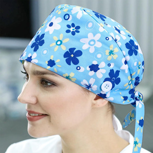 Floral Print <b>Scrub</b> <b>Cap</b> with Button Tie Back Stretchable Fabric Needle Detection for Hospital Uniforms Unisex Headwear Accessory - Product Image 4