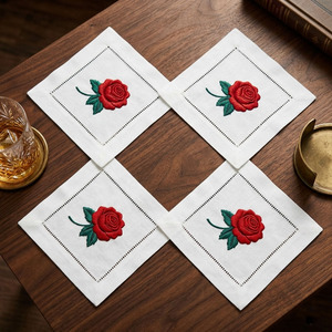 Custom Wholesale Handmade Embroidery Red Rose Square Cocktail Napkin 6*6" Durable Reusable Hemstitch 100% Cotton Beverage Home - Product Image 1