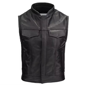 <b>Men's</b> Black <b>Leather</b>-Style Winter Breathable Moto <b>Vest</b> with Zipper Closure and Pockets Regular Fit Outerwear Plus Size - Product Image 1