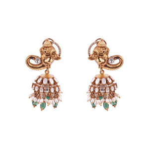 Ensemble de boucles d'oreilles en diamants Polki serties d'émeraudes en argent sterling 925 Gajaah, style majestueux Royal Menagerie Paon Éléphant - Product Image 1