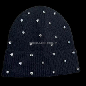 Wholesale Custom Winter Cuffed Knitted <b>Hats</b> Solid Color Unisex Luxury Rhinestones <b>Beanie</b> <b>Hats</b> 100% <b>Wool</b> - Product Image 4